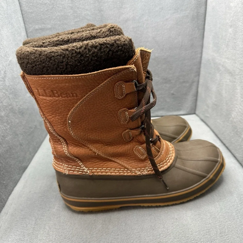 L.L.Bean Women's 9 M Tumbled Leather Lace-Up Snow Duck Boots Brown Fleece Lined